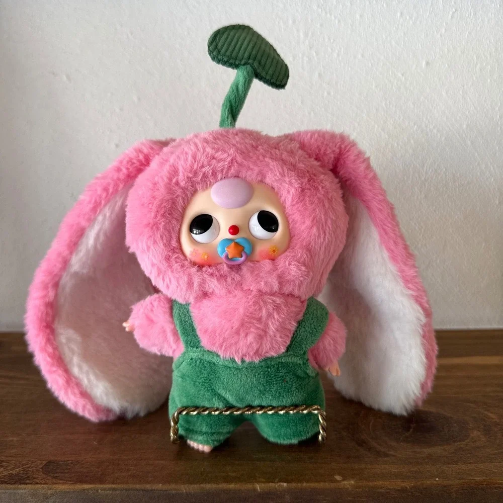 Baby Three Pink Bunny Plush Vinyl Face Doll Green Overalls Kawaii Art Toy
